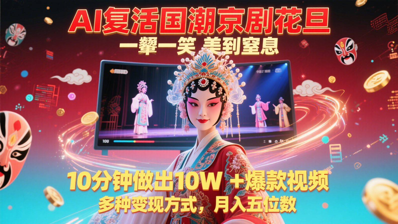 AI复活国潮京剧花旦，一颦一笑美到窒息，10分钟做出10W+爆款视频，多种变现方式-聊项目