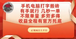 手机电脑打字搬砖，副业可发展主业来做蓝海项目，有手就行，几秒一单，不限单量，多劳多得【揭秘】-聊项目