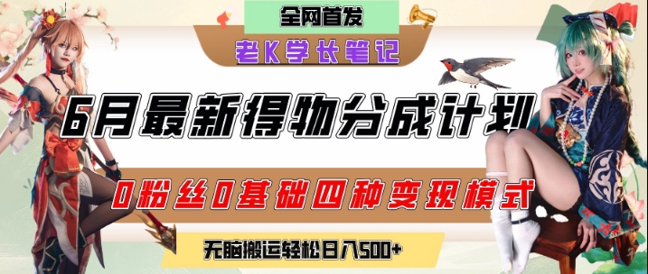 6月份最新得物创作者分成计划2.0玩法，0粉丝0基础四种模式变现，从隐蔽渠道无脑搬运，日入2张-聊项目