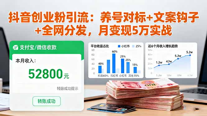 抖音创业粉引流：养号对标+文案钩子+全网分发，月变现5万实战-聊项目