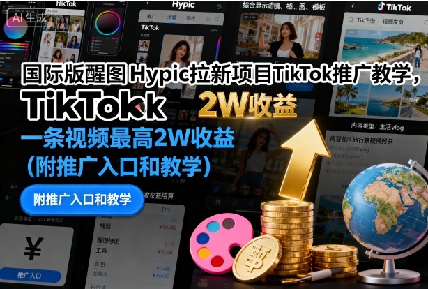 国际版醒图Hypic拉新项目TikTok推广教学，一条视频最高2W收益(附推广入口和教学)-聊项目