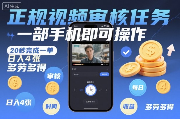 正规视频审核任务，一部手机即可操作，20秒完成一单，日入4张，多劳多得【揭秘】-聊项目