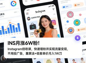 INS月涨6W粉！Instagram创收课，快速增粉并实现流量变现，不用用投广告，靠算法+低客单价月入1W刀-聊项目