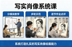 写实肖像系统课，全程分模块教学+多轮示范+逐节作业点评，系统打造扎实的写实肖像绘画能力-聊项目